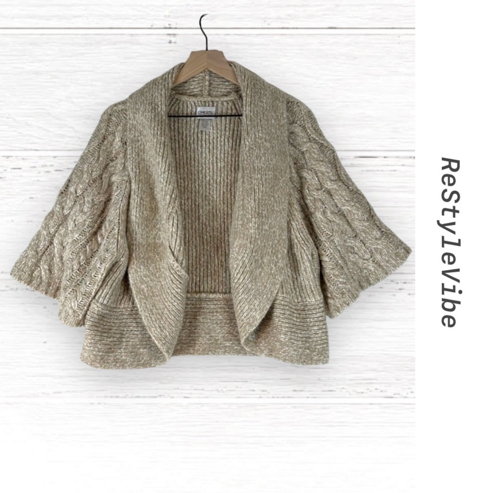 CHICO’S Women’s Size 2 12 M Sweater Cardigan Cropped Length Style Cable Knit